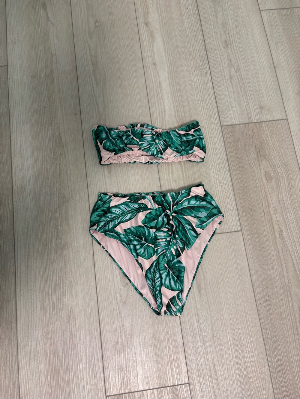 Kenny Flowers Green Leaf Print Bikini with Pink Background